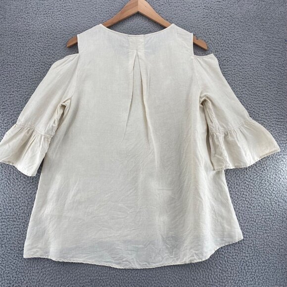 John Mark Top Womens Large Ivory Linen Cold Shoulder 3/4 Bell Sleeves Pullover* - Picture 3 of 10